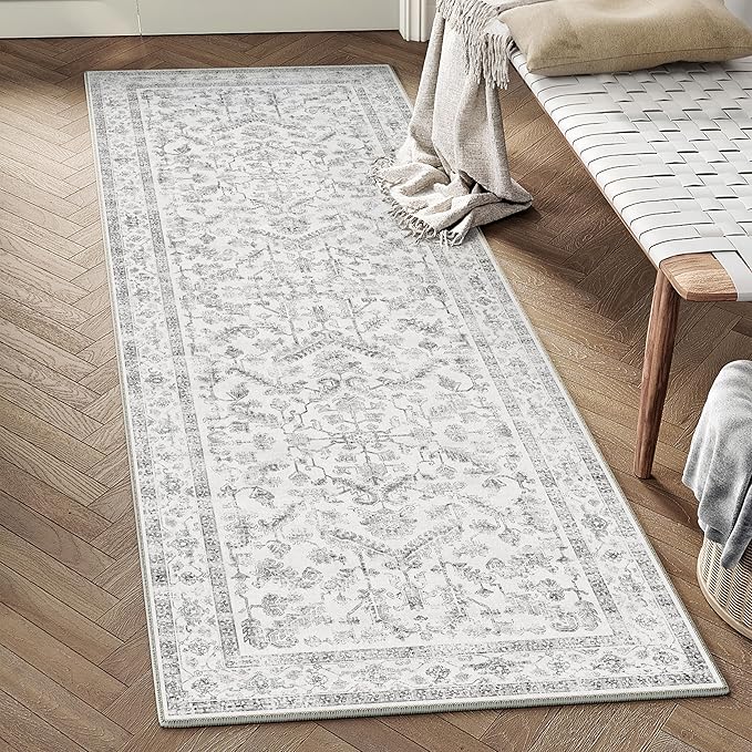 Grey 2x8 Runner Rug Vintage Area Carpet Hallway Indoor Kitchen Washable Low Pile Traditional Distressed Retro Accent Throw Rug Non Slip for Laundry Bathroom Office