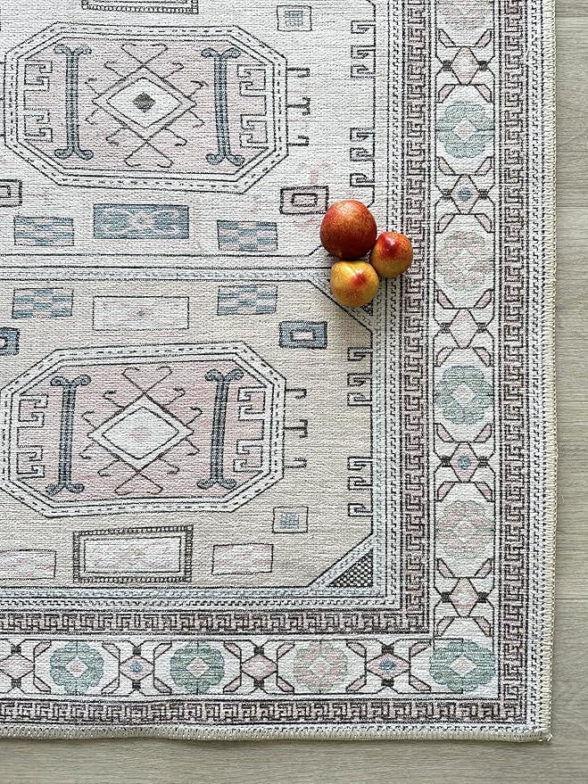 Fame Living Faded Oushak Rug, Turkish Vintage Floral Pastel Large Oversized Area Rugs for Living Room Dining Bedroom Kitchen Bathroom Nursery (848CrNv, 2' x 3')