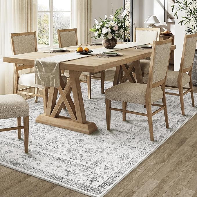 Grey 6x9 Area Rug Vintage Washable Living Room Carpet Non Slip Bedroom Indoor Office Low Pile Large Traditional Distressed Retro Accent Rug for Dining Room Bathroom Kitchen