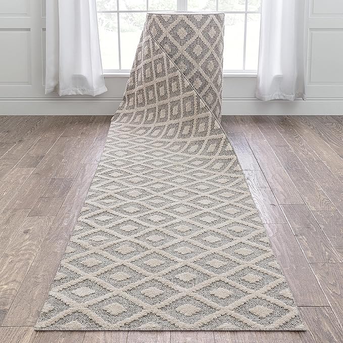 Well Woven Custom Size Hallway Stair Runner - Choose Your Length - Ainsley Ivory Diamond Trellis Geometric Tribal - 31 Inches Wide x 60 Feet Long Runner (31" x 60' Runner) Rug