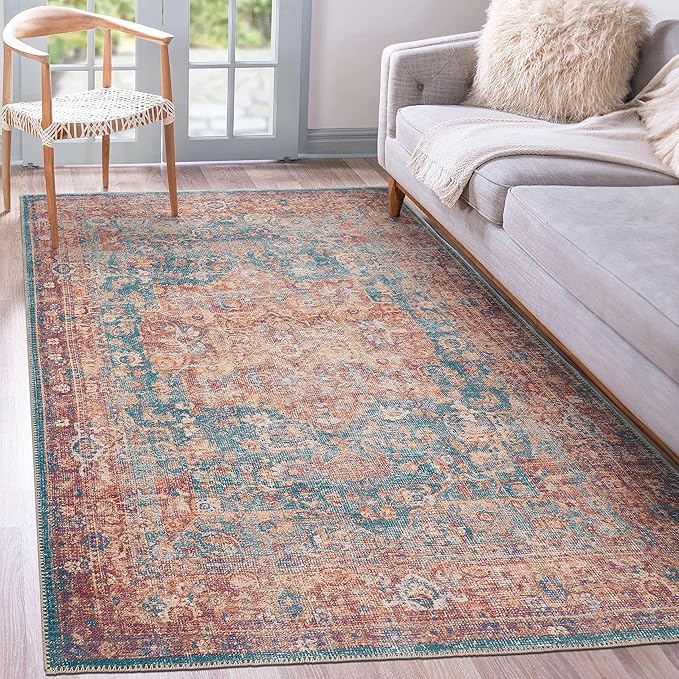 GLN Rugs Traditional Collection - Machine Washable Area Rug, Traditional Washable, Non Slip, Low Pile Chenille Rug, Living Room, Bedroom, Kitchen Rug (3' x 5' Terra/Green)