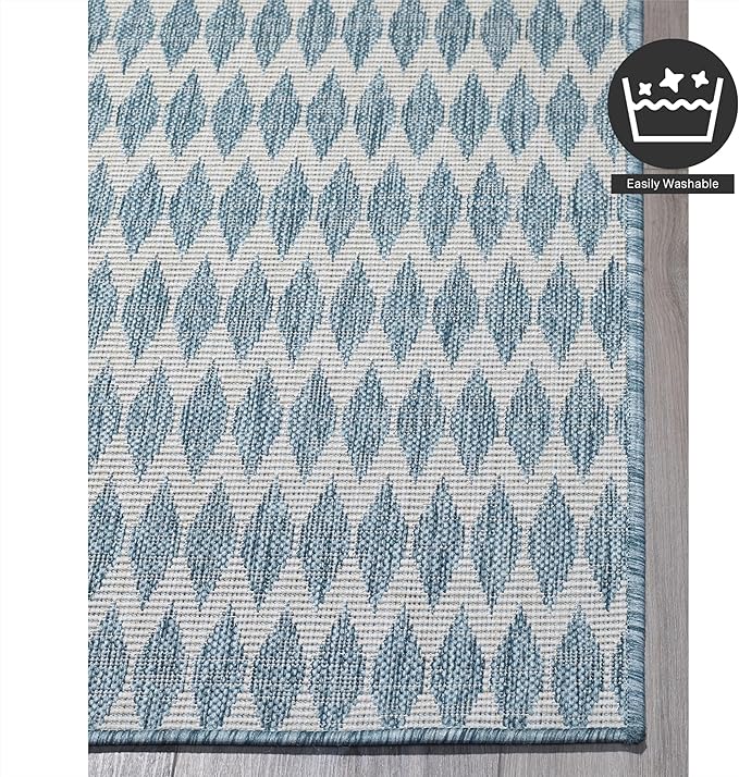 FH Home Flat Woven Outdoor Rug - Waterproof, Easy to Clean, Stain Resistant - Premium Polypropylene Yarn - Geometric - Patio, Porch, Deck, Balcony - Giza - Aqua - 5ft 2in x 7ft 6in