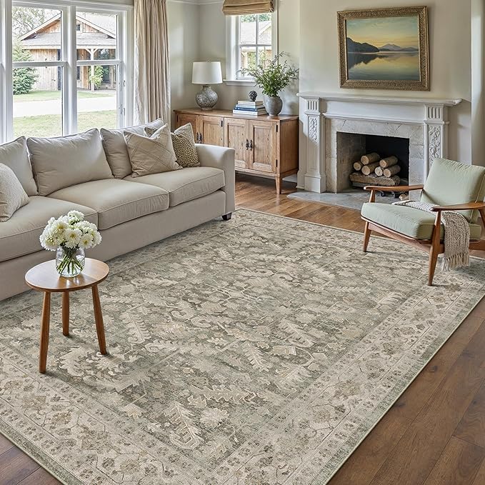 Brown 6x9 Area Rug Vintage Washable Living Room Carpet Non Slip Bedroom Indoor Office Low Pile Large Traditional Distressed Retro Accent Rug for Dining Room Bathroom Kitchen