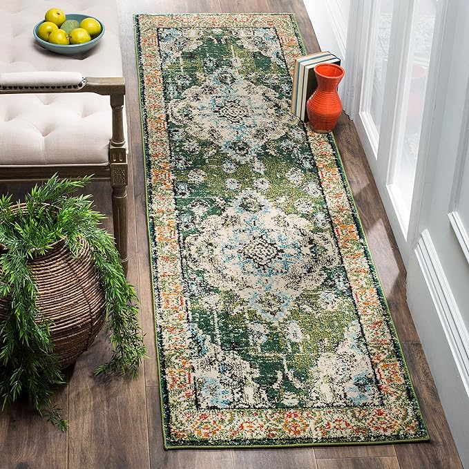 SAFAVIEH Monaco Collection Runner Rug - 2'2" x 6', Forest Green & Light Blue, Medallion Distressed Design, Non-Shedding & Easy Care, Ideal for High Traffic Areas in Living Room, Bedroom (MNC243F)