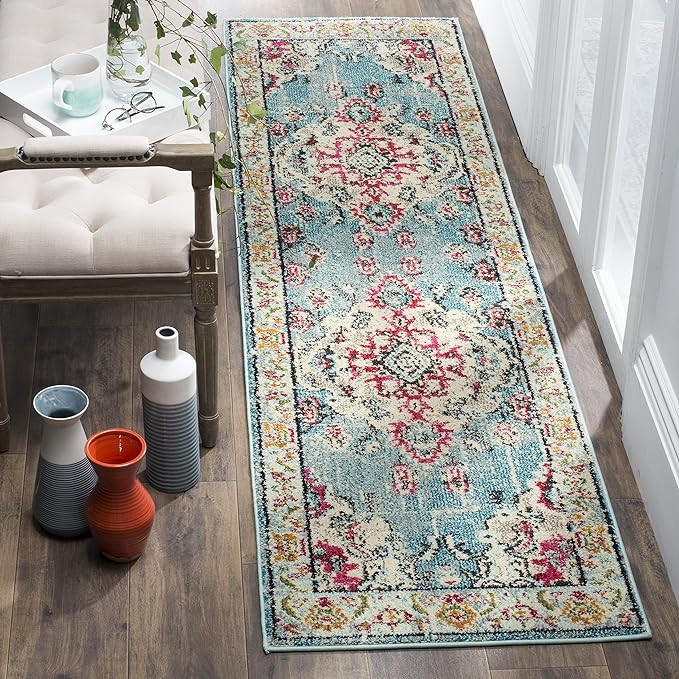 SAFAVIEH Monaco Collection Runner Rug - 2'2" x 20', Light Blue & Fuchsia, Medallion Distressed Design, Non-Shedding & Easy Care, Ideal for High Traffic Areas in Living Room, Bedroom (MNC243J)