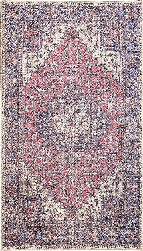 GLN Rugs Traditional Collection - Machine Washable Area Rug, Traditional Washable, Non Slip, Low Pile Chenille Rug, Living Room, Bedroom, Kitchen Rug (2' x 3' Multi Blue)