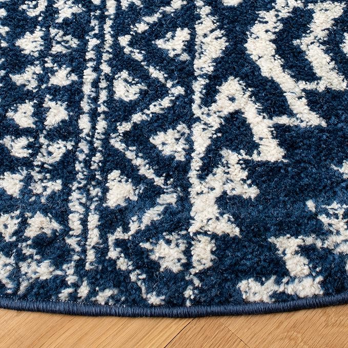 SAFAVIEH Tulum Collection Area Rug - 8' Round, Navy & Ivory, Moroccan Boho Tribal Design, Non-Shedding & Easy to Clean, Ideal for Living Room, Bedroom, Dining Space (TUL272N)