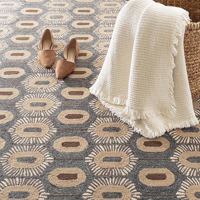 Dash & Albert Stowe Hand Micro Hooked Wool Rug, 5 X 8 Feet, Blue/Browns Geometric Pattern