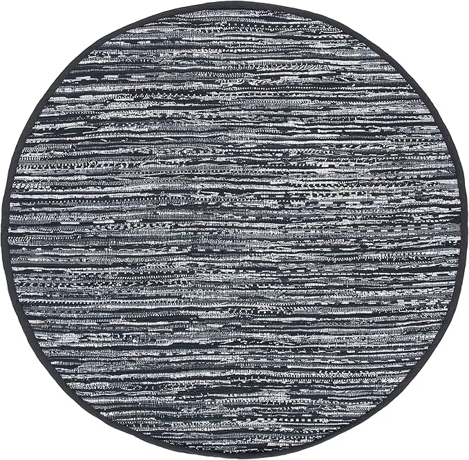SAFAVIEH Rag Rug, Collection RAR121Z Handmade Boho Stripe Cotton Entryway Foyer Living Room Bedroom Kitchen Area Rug, 4', Round Black