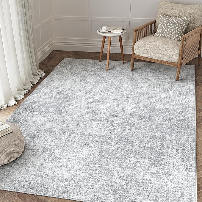 3x5 Area Rug Washable Vintage Entryway Living Room Carpet Indoor Office Non Slip Grey Entrance Distressed Low Pile Retro Accent Throw Rug for Dining Room Bathroom Bedroom Laundry