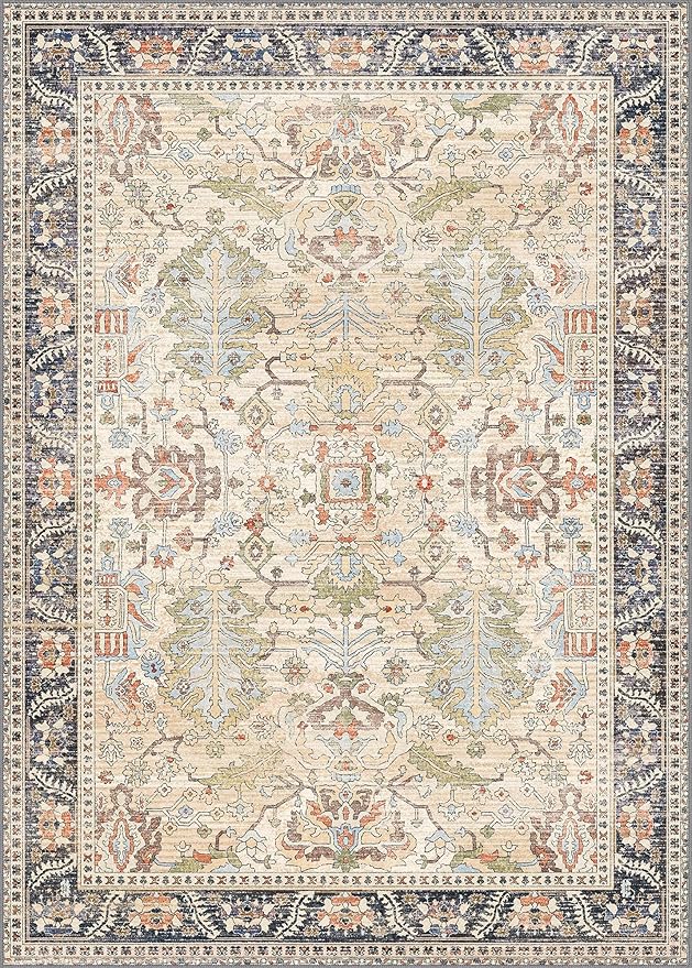 Bavni 5x7 Washable Area Rug Clearance for Living Room Rug Bedroom, Non-Slip, Boho Vintage Rugs Chenille Printed Low Pile for Dinning Room Homeoffice, Ivory/Teal