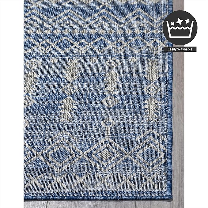 FH Home Flat Woven Outdoor Rug - Waterproof, Easy to Clean, Stain Resistant - Premium Polypropylene Yarn - Boho Moroccan - Large Patio, Deck, Sunroom - Dakar - Blue - 7ft 10in x 10ft 9in
