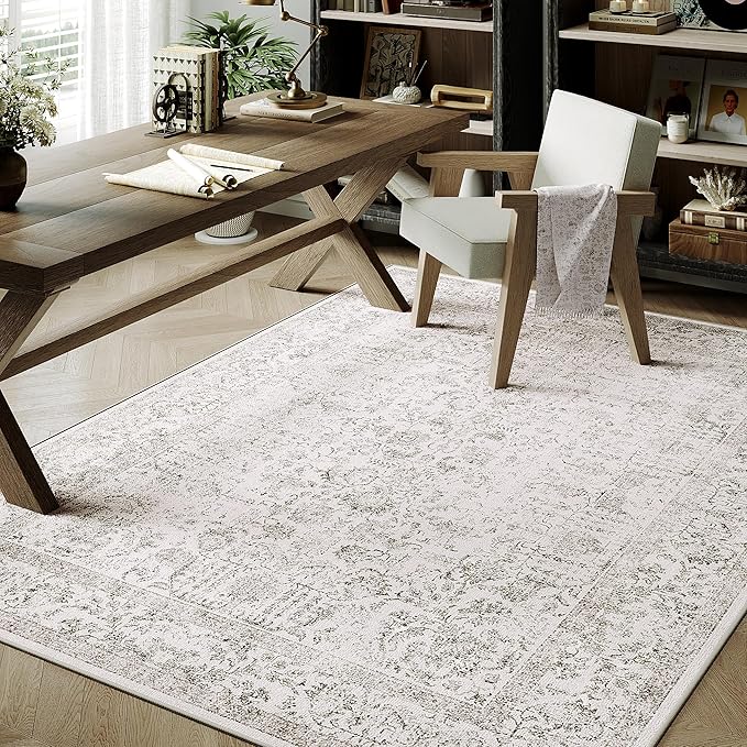 Gray Area Rug 4x6 Office Entryway Rug Machine Washable Kitchen Vintage Distressed Non Slip Carpet Indoor Grey Retro Floral Accent Throw Door Mat for Bathroom Bedroom Dining Living Room