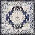 SAFAVIEH Monaco Collection Area Rug - 6'7" Square, Ivory & Navy, Boho Chic Medallion Distressed Design, Non-Shedding & Easy Care, Ideal for High Traffic Areas in Living Room, Bedroom (MNC243C)