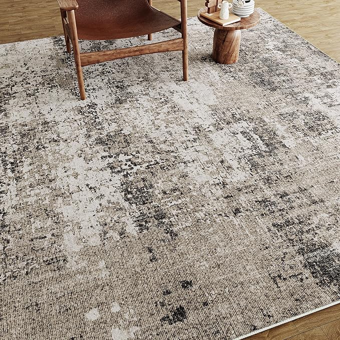 Washable Brown Area Rug 3x5 Modern Abstract Office Carpet Neutral Soft Entryway Door Mat Low Pile Non Slip Indoor Throw Rug for Kitchen Bathroom Bedroom Laundry Living Dining Room