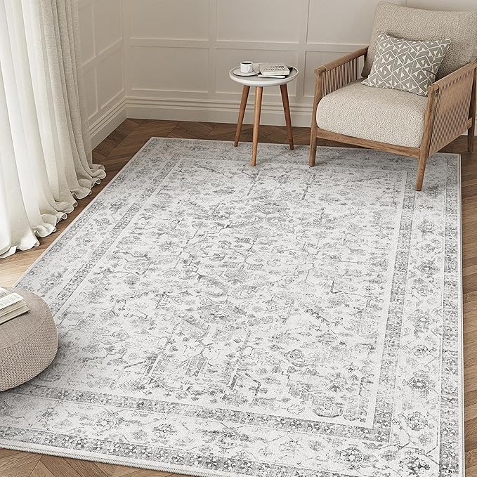 Grey 4x6 Entryway Rug Vintage Area Carpet Indoor Kitchen Washable Door Mat Entrance Small Low Pile Traditional Distressed Retro Accent Throw Rug Non Slip Office Bathroom