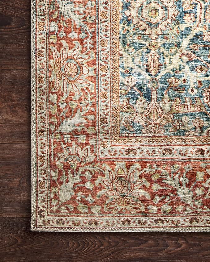Loloi Layla Collection LAY-04 Ocean/Rust 9'-0" x 12'-0" .13" Thick Area Rug, Soft, Durable, Vintage Inspired, Distressed, Low Pile, Non-Shedding, Easy Clean, Printed, Living Room Rug