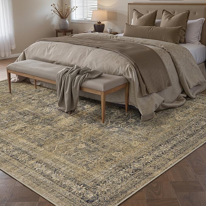 8x10 Brown Black Area Rug for Living Room Washable Vintage Distressed Carpet Large Bedroom Low Pile Non Slip Indoor Soft Retro Throw Accent Rug Office Kitchen Bathroom Dining Room
