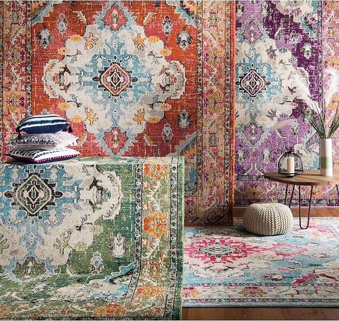 SAFAVIEH Monaco Collection Area Rug - 10' x 14', Orange & Light Blue, Boho Chic Medallion Distressed Design, Non-Shedding & Easy Care, Ideal for High Traffic Areas in Living Room, Bedroom (MNC243H)