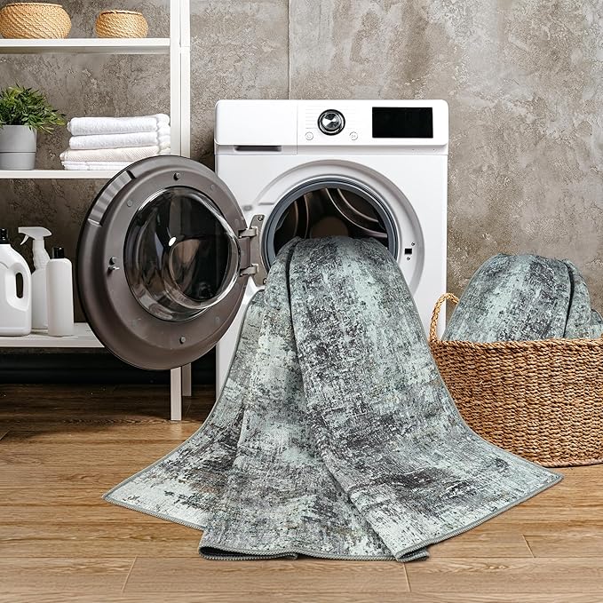 GLN Rugs Contemporary Collection - Machine Washable Area Rug, Contemporary Washable, Non Slip, Low Pile Chenille Rug, Living Room, Bedroom, Kitchen Rug (2' x 3' Grey/Green)