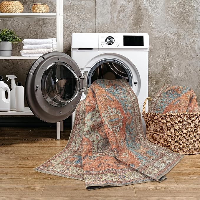 GLN Rugs Traditional Collection - Machine Washable Area Rug, Traditional Washable, Non Slip, Low Pile Chenille Rug, Living Room, Bedroom, Kitchen Rug (9' x 12' Terra/Multicolor)
