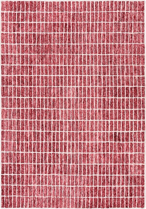 Hand-Tufted 100% Wool Area Rug – Unique Modern Geometric Grid Pattern, Soft Plush Textured Carpet for Living Room, Bedroom, Dining Room & Entryway (Brick Red, 5' Round)