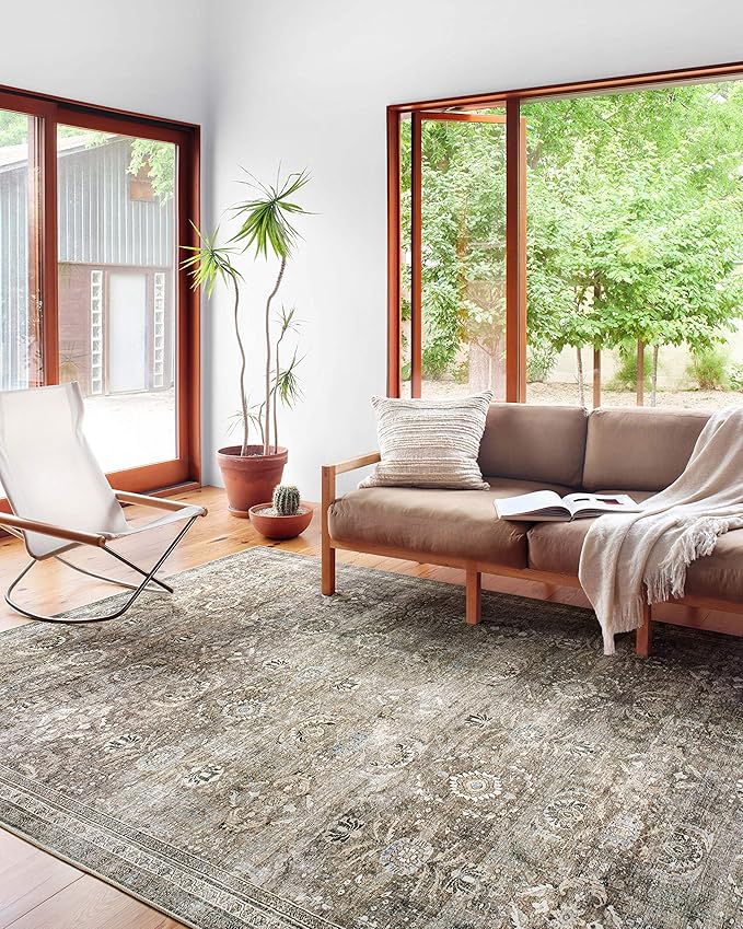 Loloi Layla Collection LAY-13 Antique/Moss 2'-0" x 5'-0" .13" Thick Accent Rug, Soft, Durable, Vintage Inspired, Distressed, Low Pile, Non-Shedding, Easy Clean, Printed, Living Room Rug
