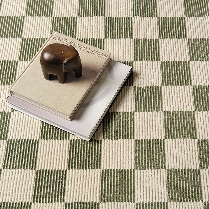 Revival Rugs Gambit 2'7"x9' Checkered Rug Machine Washable Runner Rug for Hallway Entryway - 100% Recycled Oeko-TEX Certified, Medium Pile, Green, Beige