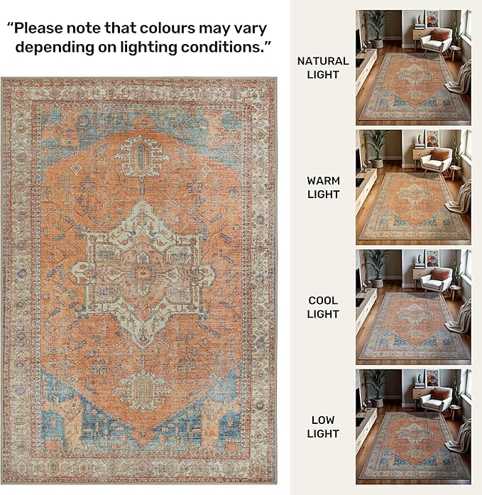 GLN Rugs Traditional Collection - Machine Washable Area Rug, Traditional Washable, Non Slip, Low Pile Chenille Rug, Living Room, Bedroom, Kitchen Rug (2' x 3' Terra/Multicolor)