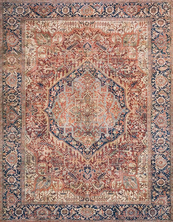 Loloi Layla Collection LAY-08 Red/Navy 7'-6" x 9'-6" .13" Thick Area Rug, Soft, Durable, Vintage Inspired, Distressed, Low Pile, Non-Shedding, Easy Clean, Printed, Living Room Rug