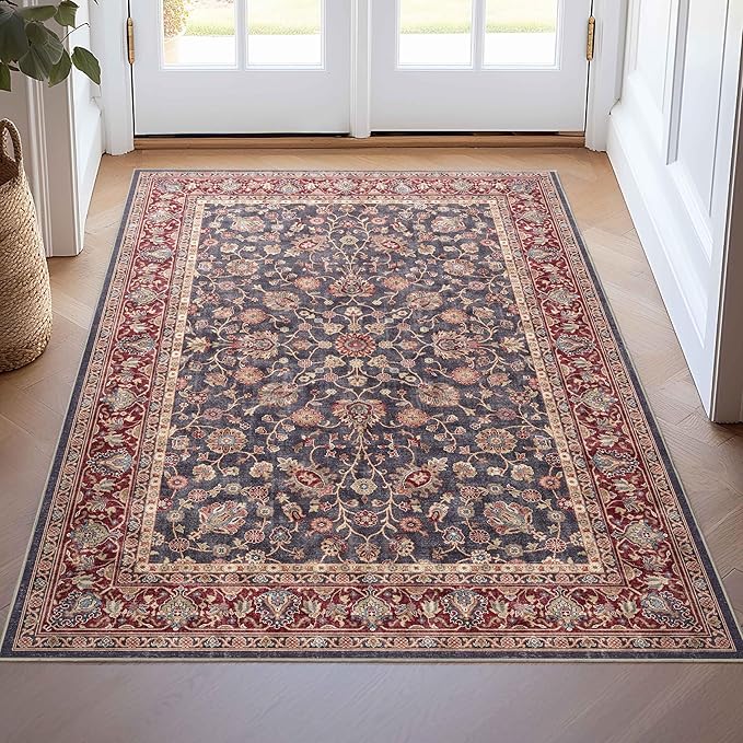 Well Woven Asha Rome Navy Blue Red 3'3" x 5' Area Rug - Oriental Floral Pattern, Easy Clean, Floor-Friendly Backing - for Living Room, Bedroom, and Dining Room