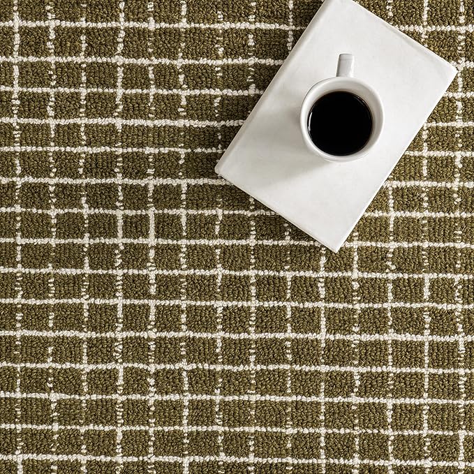 Rugs USA Melrose Checked Wool Area Rug - 5x8 Area Rug Contemporary Moss/Ivory for Living Room Bedroom Dining Room Kitchen
