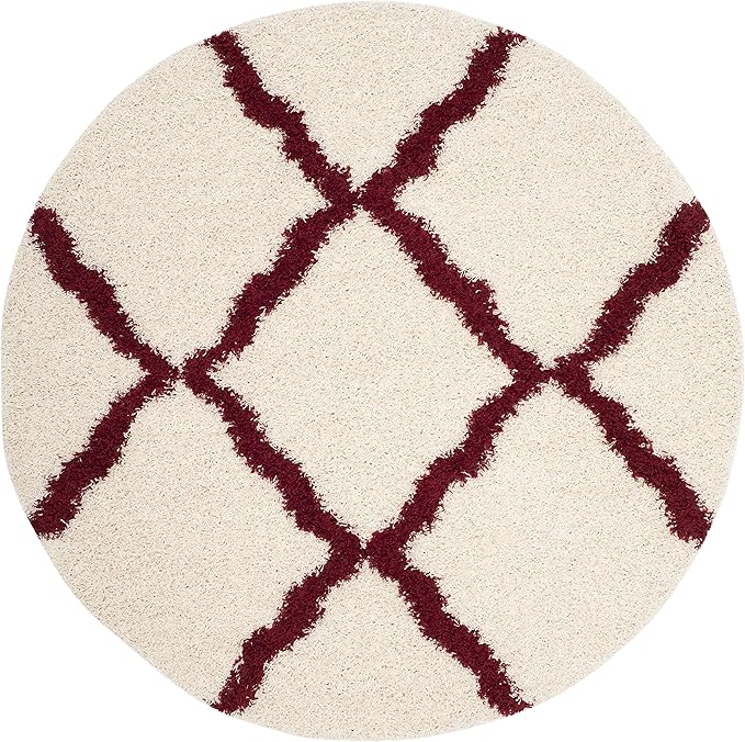 SAFAVIEH Dallas Shag Collection Area Rug - 8' Round, Ivory & Red, Trellis Design, Non-Shedding & Easy Care, 1.5-inch Thick Ideal for High Traffic Areas in Living Room, Bedroom (SGD257R)