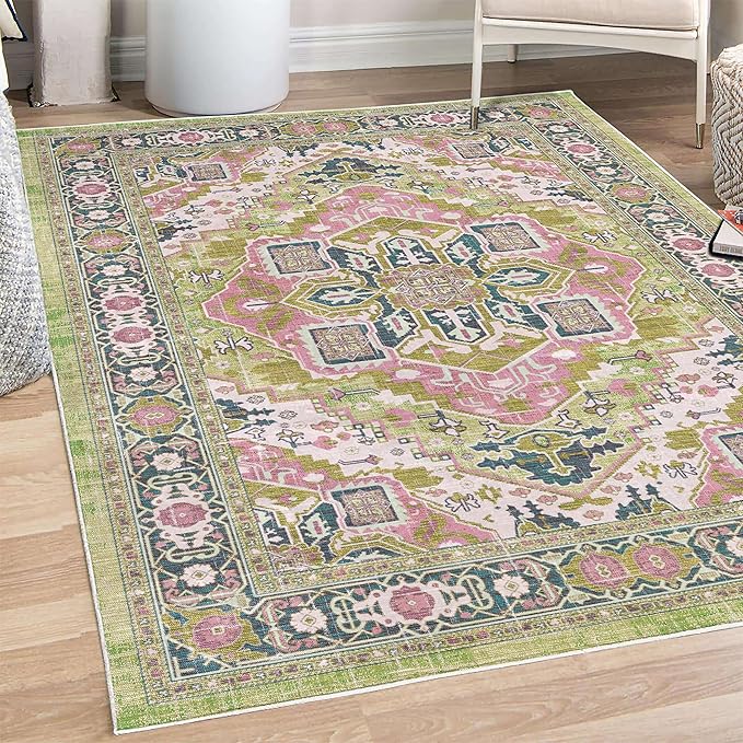 Ambesonne Ethnic Decorative Rug, Bohemian Retro Themed Floral Detail Cultural Abstract Shapes Flourish, Quality Carpet for Bedroom Dorm and Living Room, 4' X 5' 5", Pistachio Green Pink Teal