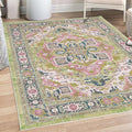 Ambesonne Ethnic Decorative Rug, Bohemian Retro Themed Floral Detail Cultural Abstract Shapes Flourish, Quality Carpet for Bedroom Dorm and Living Room, 4' X 5' 5", Pistachio Green Pink Teal