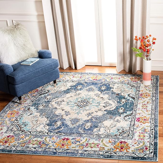 SAFAVIEH Monaco Collection Area Rug - 6'7" Square, Navy & Light Blue, Boho Chic Medallion Distressed Design, Non-Shedding & Easy Care, Ideal for High Traffic Areas in Living Room, Bedroom (MNC243N)