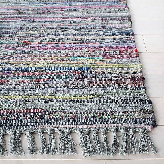 SAFAVIEH Rag Rug Collection Area Rug - 6' x 9', Aqua & Multi, Handmade Boho Stripe Cotton, Ideal for High Traffic Areas in Living Room, Bedroom (RAR121K)