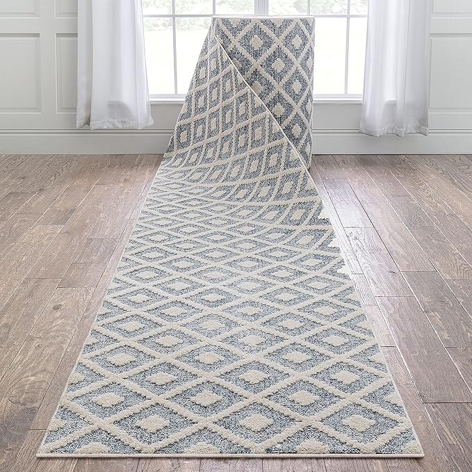 Well Woven Custom Size Hallway Stair Runner - Choose Your Length - Ainsley Blue Diamond Trellis Geometric Tribal - 31 Inches Wide x 15 Feet Long Runner (31" x 15' Runner) Rug