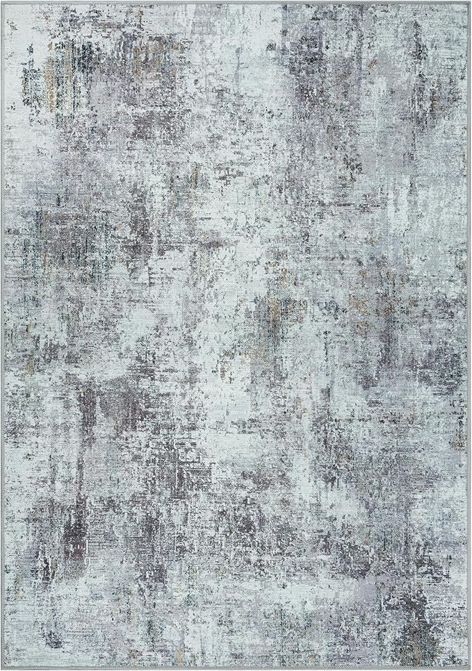 GLN Rugs Contemporary Collection - Machine Washable Area Rug, Contemporary Washable, Non Slip, Low Pile Chenille Rug, Living Room, Bedroom, Kitchen Rug (6' x 9' Grey/Green)