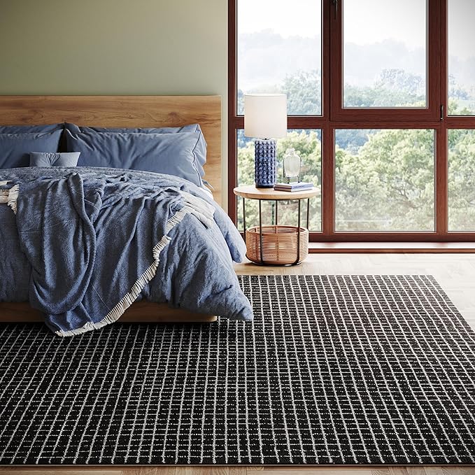 Rugs USA 5x8 Melrose Checked Wool Indoor Area Rug, Contemporary Farmhouse Charcoal/Ivory for Living Room, Bedroom, Office, Entryway, Hallway