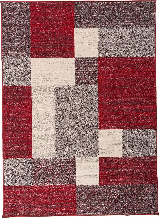 Rugshop Red Modern Geometric Boxes Non-Slip Area Rug Non-Shedding for Living Room, Bedroom and Dining Area, 5'3" x 7'3"