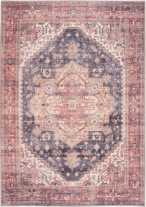 GLN Rugs Traditional Collection - Machine Washable Area Rug, Traditional Washable, Non Slip, Low Pile Chenille Rug, Living Room, Bedroom, Kitchen Rug (3' x 5' Black/Terra)