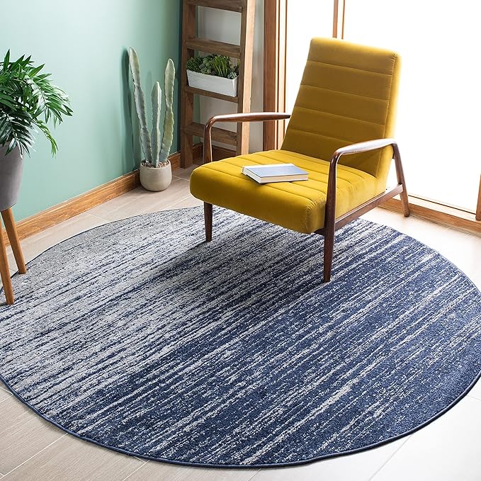 SAFAVIEH Adirondack Collection Area Rug - 8' Round, Navy & Grey, Modern Ombre Design, Non Shedding & Easy to Clean, Ideal for Living Room, Bedroom, Office, Dining Space (ADR113E)