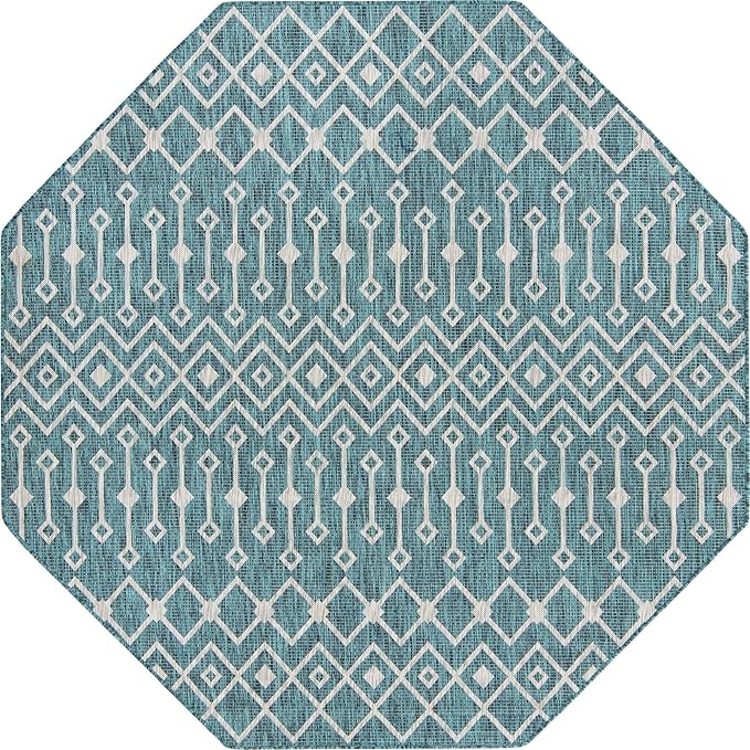 Unique Loom Outdoor Trellis Collection Area Rug - Tribal Trellis (7' 10" Octagon, Teal/ Ivory)