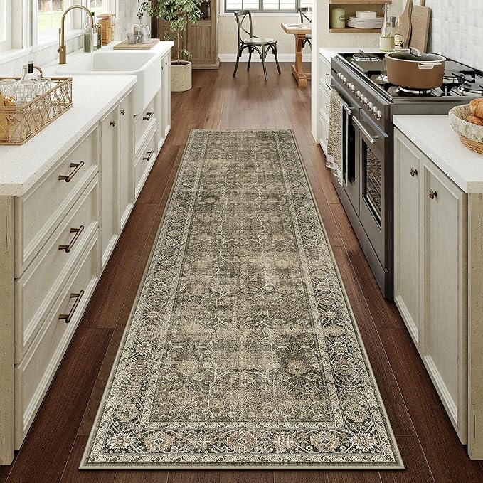 Light Brown 3x7 Vintage Area Rug Hallway Indoor Kitchen Washable Living Room Carpet Tribal Distressed Rug Retro Accent Throw Rug for Office Dining Room Bathroom Faux Wool