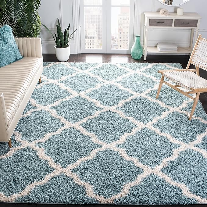 SAFAVIEH Dallas Shag Collection Area Rug - 10' x 14', Seafoam & Ivory, Trellis Design, Non-Shedding & Easy Care, 1.5-inch Thick Ideal for High Traffic Areas in Living Room, Bedroom (SGD257C)
