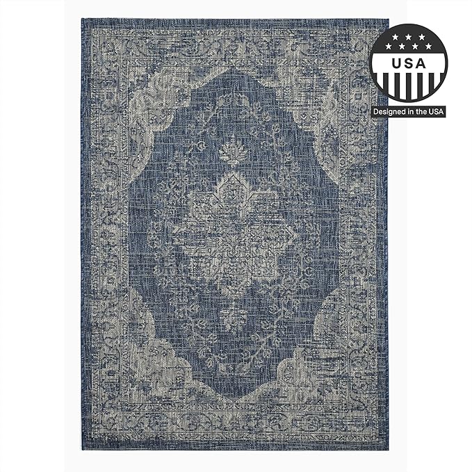 FH Home Outdoor Area Rug - Waterproof Easy to Clean Stain Resistant - Patio Indoor Outdoor Porch Deck Balcony Entryway - Vintage Distressed - Gorgan - Blue - 7ft 8in x 9ft 8in