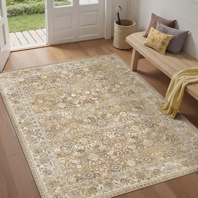 HUGEAR 5x7 Machine Washable Rugs Brown Beige Hallway Area Rug Indoor Accent Rug Floral Low Pile Carpet Soft Throw Aesthetic Rug Bedroom Living Room Office Dining Room Kitchen Laundry Room Non Slip
