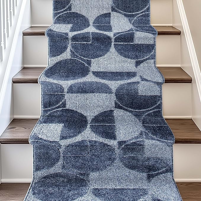 Well Woven Custom Size Hallway & Stair Runner- Harlow Harmony Blue 27 Inches Wide x 65 Feet Long Runner (27" x 65') Runner Rug - Modern Geometric Pattern, Ultra-Soft, Easy-Clean