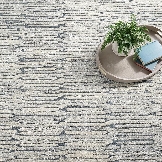 Dash and Albert Malone Everglade Hand Tufted Wool Rug, 9 X 12 Feet, Blue Graphic Pattern - Premium Luxury Hotel Quality Soft Breathable Hypoallergenic Machine Washable Easy Care All Season